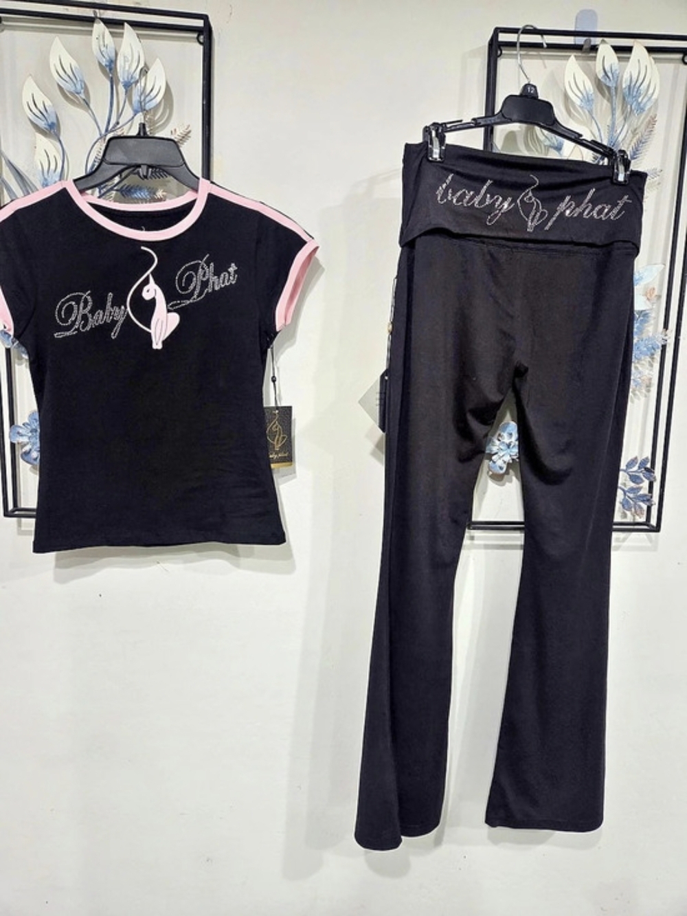 Baby Phat flare leg set Black & Pink Cotton Blend Size Medium NWT